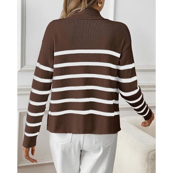 Bsubseach Womens Striped Brown Cropped Cardigan Lightweight Fall Zip Up Sweater - Picture 6 of 6